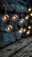 Decorative string lights illuminate a rustic wooden wall with a vintage charm in a cozy evening setting photo