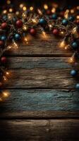 Decorative garland of lights and ornaments hanging on a rustic wooden surface ready for a festive celebration photo