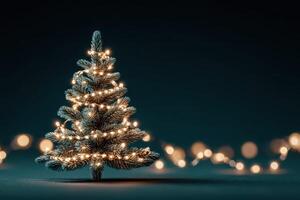 Pine tree decorated with soft white lights against a dark backdrop creates a cozy holiday atmosphere photo