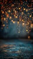 Twinkling lights hanging against a dreamy backdrop create a magical ambiance at dusk, evoking a festive atmosphere photo