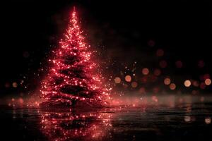 Beautifully illuminated red Christmas tree shining brightly against a dark background photo