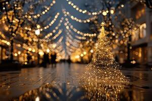 Sparkling holiday lights illuminate a festive street adorned with decorative trees during a winter evening stroll photo