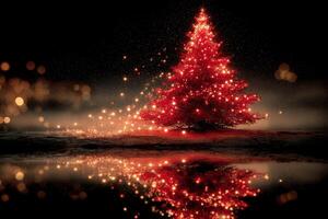 Brightly lit Christmas tree with glowing lights reflecting in water at night photo