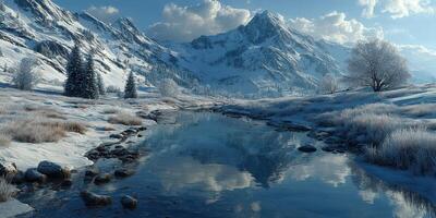 Winter landscape features snow-covered mountains and a calm river reflecting the sky in a serene natural setting during daylight photo
