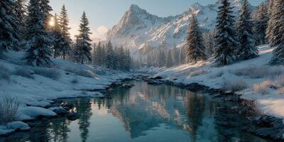 Majestic winter landscape featuring snow-covered mountains and a serene river with reflective water at sunrise photo