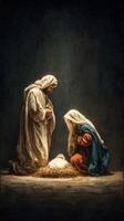 Nativity scene depicting Mary, Joseph, and the infant Jesus in a serene setting photo