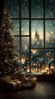 Christmas tree with presents by window overlooking a snowy cityscape at night photo