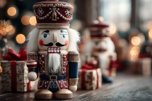 Nutcracker figurines surrounded by wrapped presents create a festive atmosphere in a cozy holiday setting photo