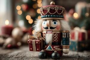Decorative nutcracker figurine holding a gift in a cozy holiday setting with warm lights and festive decorations photo