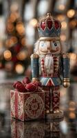 Nutcracker figurine stands beside a beautifully wrapped gift with festive bokeh background during the holiday season photo