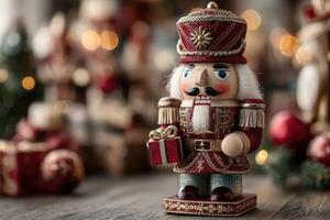 Decorative nutcracker figurine holding a gift with festive backdrop during holiday season photo