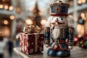 Colorful nutcracker figurine stands beside a beautifully wrapped gift in a festive indoor setting during the holiday season photo