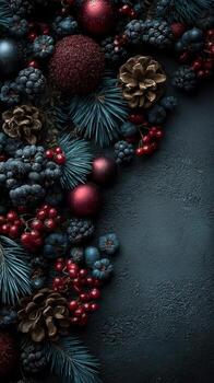 festivo reunión de estacional decoraciones presentando piñas, bayas, y adornos en un oscuro y temperamental ajuste foto