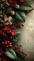 Festive arrangement of red flowers and greenery on a rustic background for holiday celebration photo