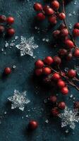 Winter arrangement of red berries and snowflake decorations on a dark blue background capturing the essence of the season photo