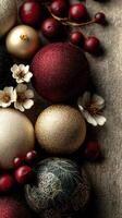 Decorative ornaments and flowers arranged on a wooden surface for festive celebration photo