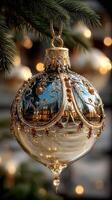 Decoratively designed glass ornament capturing a festive atmosphere during winter celebrations photo