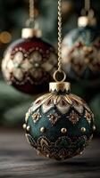 Beautifully decorated holiday ornaments hanging from a tree branch in a warm and inviting setting photo