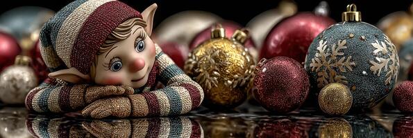 Festive elf resting beside colorful ornaments during the holiday season photo