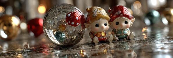 Two cute elf figurines sit beside a shiny ornament in a festive setting during the holiday season photo