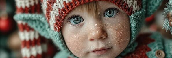 niño en acogedor invierno atuendo con espumoso ojos y festivo ajuste durante fiesta temporada foto
