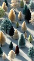 Miniature forest landscape featuring a variety of trees in serene winter setting with strong shadows and textured foliage photo