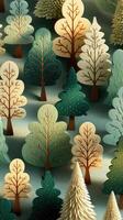 Decorative paper trees arranged in various shapes and colors on a soft blue background photo