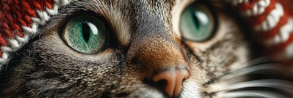 Close-up of a cat wearing a cozy winter hat highlighting its striking green eyes photo