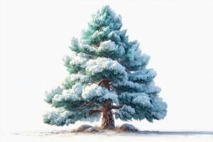 Snow-covered evergreen tree stands isolated in a winter landscape with a bright white background photo