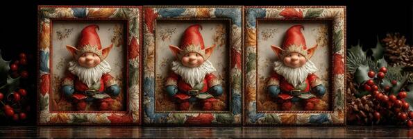 Holiday decorations featuring three charming gnomes in festive frames displayed on a wooden table photo
