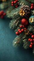 Festive decorations with colorful ornaments and pine branches against a teal background create a cheerful holiday atmosphere photo