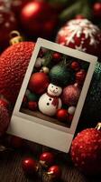 Festively adorned snowman surrounded by colorful Christmas ornaments showcases the joy of holiday decorations in winter photo
