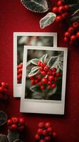 Vibrant red berries captured in vintage-style frames on a textured backdrop during autumn season photo