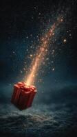 Bright red gift box emitting sparkling lights against a dark sky creates a festive atmosphere for celebrations and special occasions photo