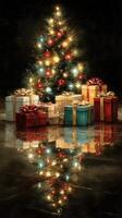 Christmas tree adorned with lights and presents creating a festive atmosphere in a cozy indoor setting photo