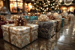 Holiday gift boxes arranged beautifully around a decorated Christmas tree in a festive setting photo