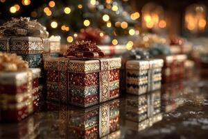 Glistening wrapped gifts arranged under a beautifully decorated Christmas tree in a cozy holiday setting photo