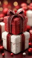 Festive red and white gift boxes with ribbon amidst a blurred background of holiday decorations photo