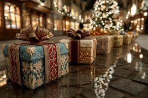 Festively wrapped gifts line a cobblestone path in a charming holiday market illuminated by sparkling lights photo