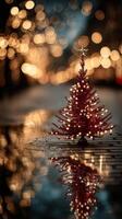 Christmas tree adorned with lights reflecting in puddles on a festive, illuminated street at night photo