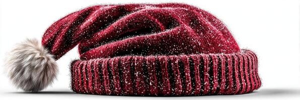 Cozy red holiday hat with white snowflakes and a fluffy pom-pom on a clean white background photo