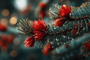 Close-up view of pine tree branches with bright red cones and dewdrops in a serene forest setting at dawn photo