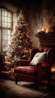 Cozy holiday living room with a decorated Christmas tree and a plush armchair by the fireplace in soft golden light photo