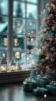 Cozy holiday setting with decorated Christmas tree and gifts near window during winter evening photo