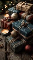 Festive holiday gifts wrapped in colorful paper on rustic wooden surface with candlelight ambiance photo