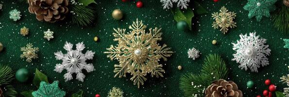 Festive holiday decorations with snowflakes, pinecones, and ornaments on green background photo