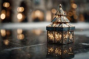 Decorative lantern with lights reflecting on a wet surface during a festive winter evening in a cozy urban setting photo
