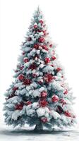 Christmas tree decorated with red ornaments and berries in a winter wonderland setting photo