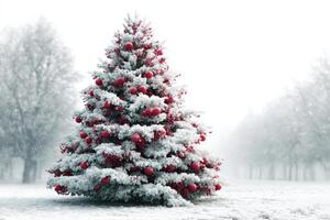 Winter landscape featuring a snow-covered Christmas tree adorned with red ornaments in a serene park photo