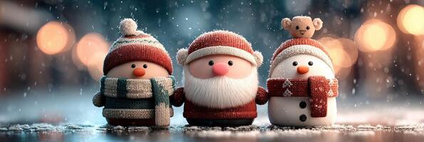 Cute winter holiday decorations showcase snowman, Santa Claus, and cheerful characters in a snowy setting during the festive season photo